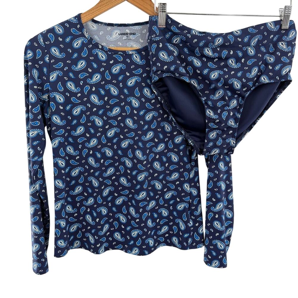 Land’s End Woman’s Blue Paisley Long Sleeve Rash Guard Two Piece Swimsuit XS 2-4